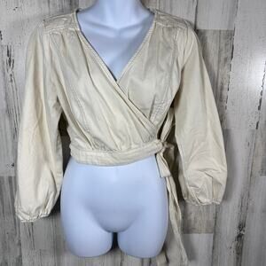 Free People Cotton Denim Wrap Shirt – Cream Long Sleeve Blouse – S - MSRP $128